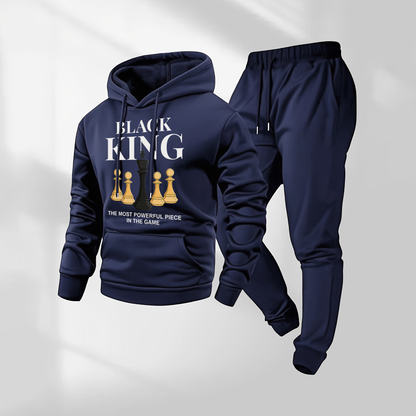 Men's Black King Letter Pattern Print Hoodie and Drawstring Sweatpants Set, Menswear, Casual Athletic Long Sleeve Hooded Jacket & Trousers for Fall & Winter, Men's Clothing for Daily Wear, Sportswear Indoor Outdoor, Tracksuit, Athleisure