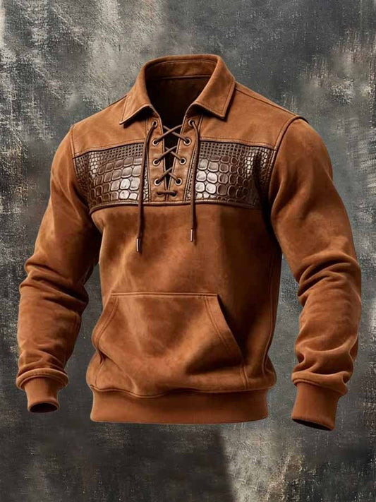 Men'S Retro Suede And Crocodile-Embossed Leather Lace-Up Collar Sweatshirt