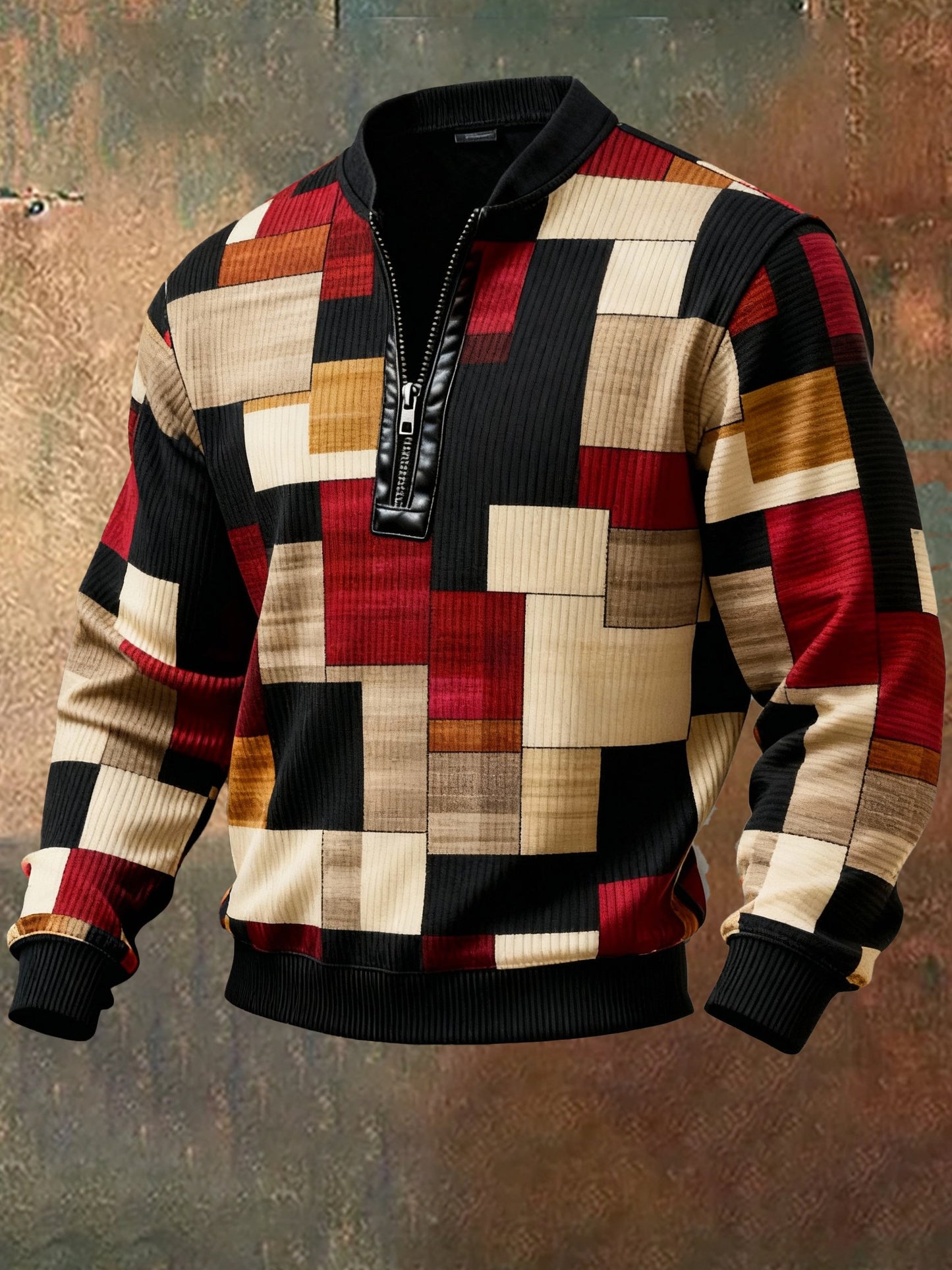 Men'S Casual Retro Contrast Color Half Zip Stand Collar Long Sleeve Sweatshirt