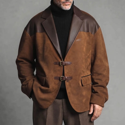 Men's Brown Suede PU Leather Drop Shoulder Notch Lapel Double Buckle Closure Blazer
