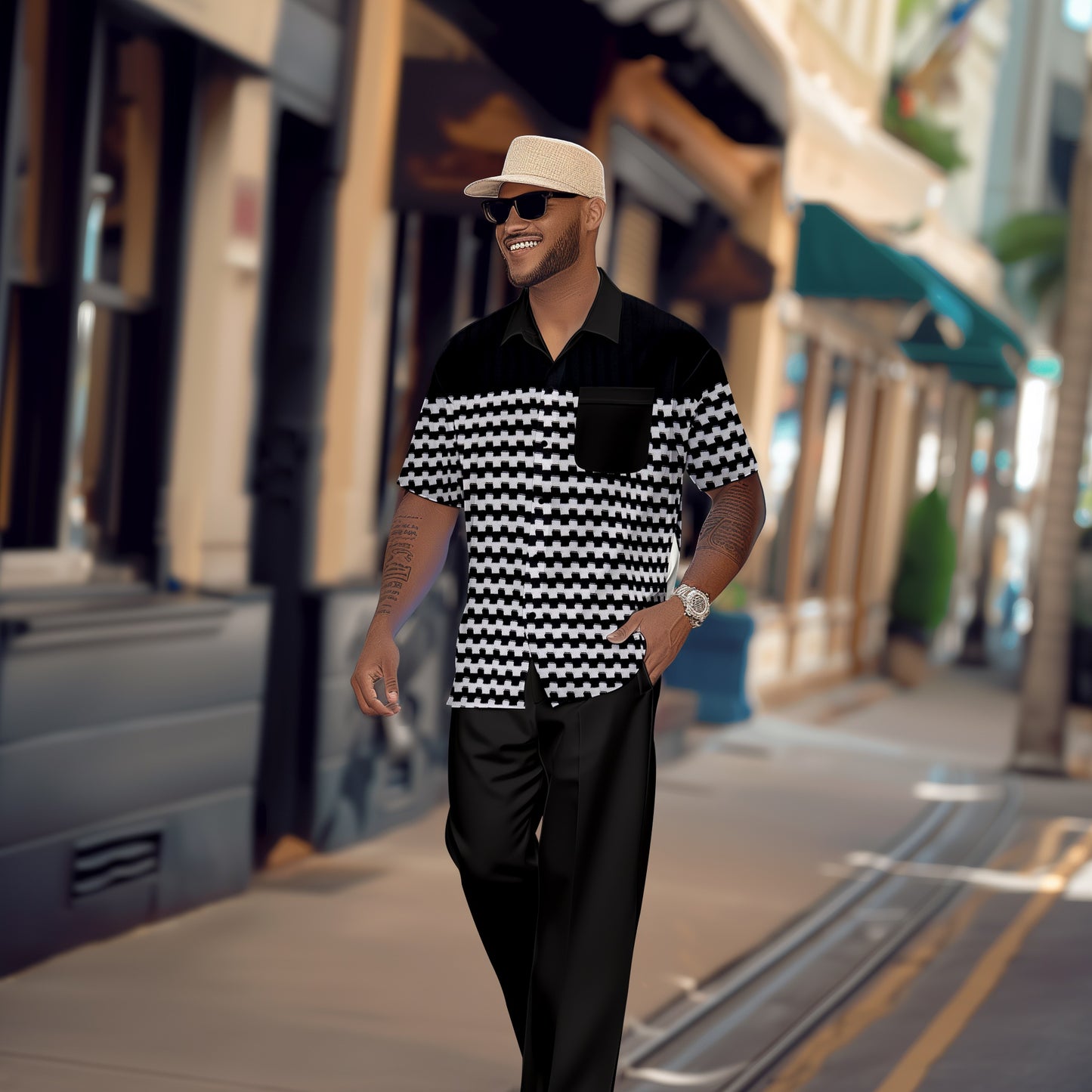 Men's retro colorblock short-sleeved shirt walking Suit 1685