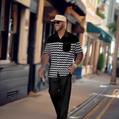 Men's retro colorblock short-sleeved shirt walking Suit 1685