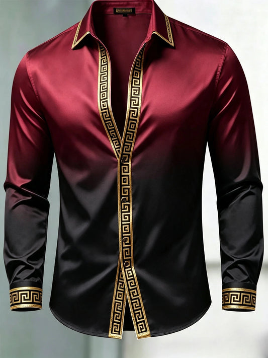 Men's Luxury Glossy Satin Long Sleeve Gradient Burgundy Black Dress Shirt