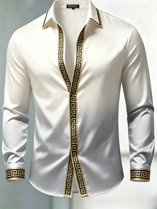 Men's Luxury Glossy Satin Long Sleeve Gradient White Silver Dress Shirt