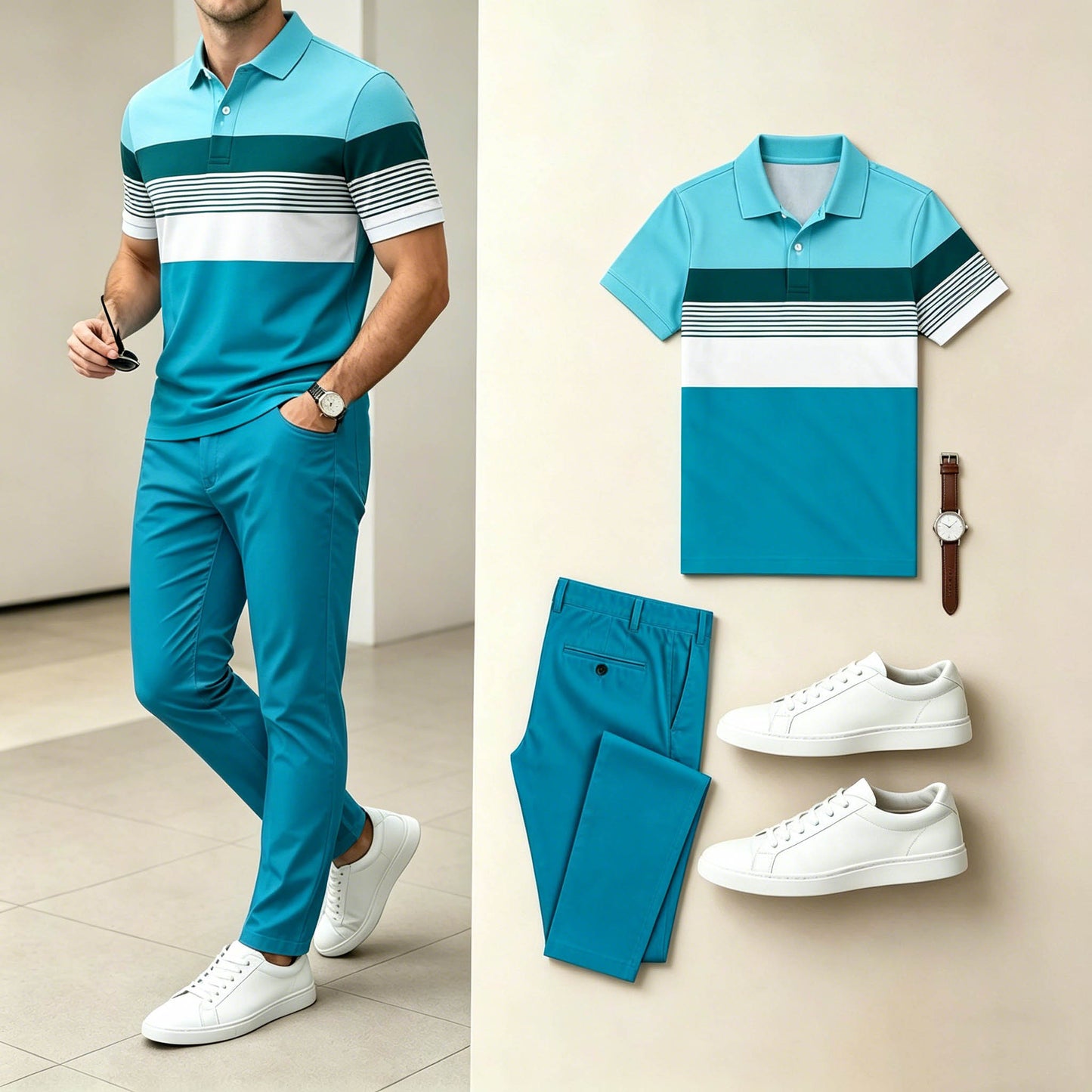 Men's Casual Layered Wide Horizontal Stripe Color Block Polo Shirt And Pants Two-Piece Set