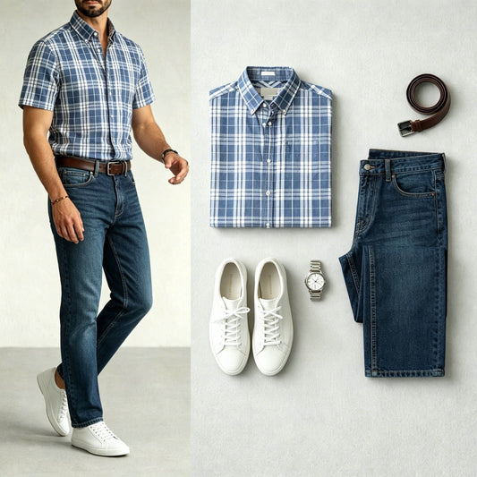 Men's Light Blue Color Matching Retro Style Plaid Printed Lapel Collar Short Sleeves Shirt & Jeans Two-Piece Set
