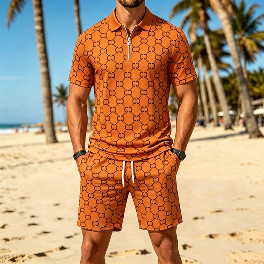Men's Casual Orange Color Matching Printed Short Sleeved Zipper Polo Shirt & Shorts Two-Piece Set