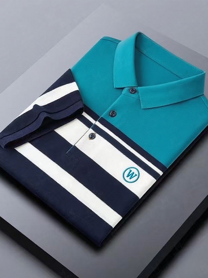 Men's Classic Business Stripe Button Short Sleeve Polo Shirt