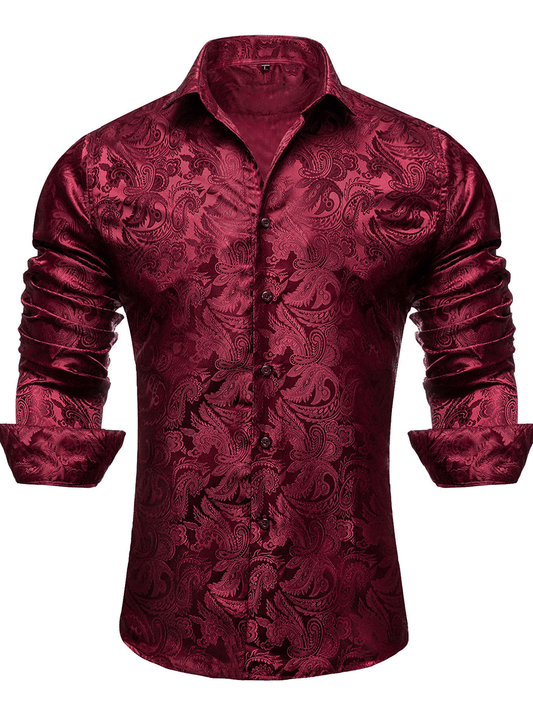 Men's Luxury Design Dark Red Paisley Long Sleeve  Shirt
