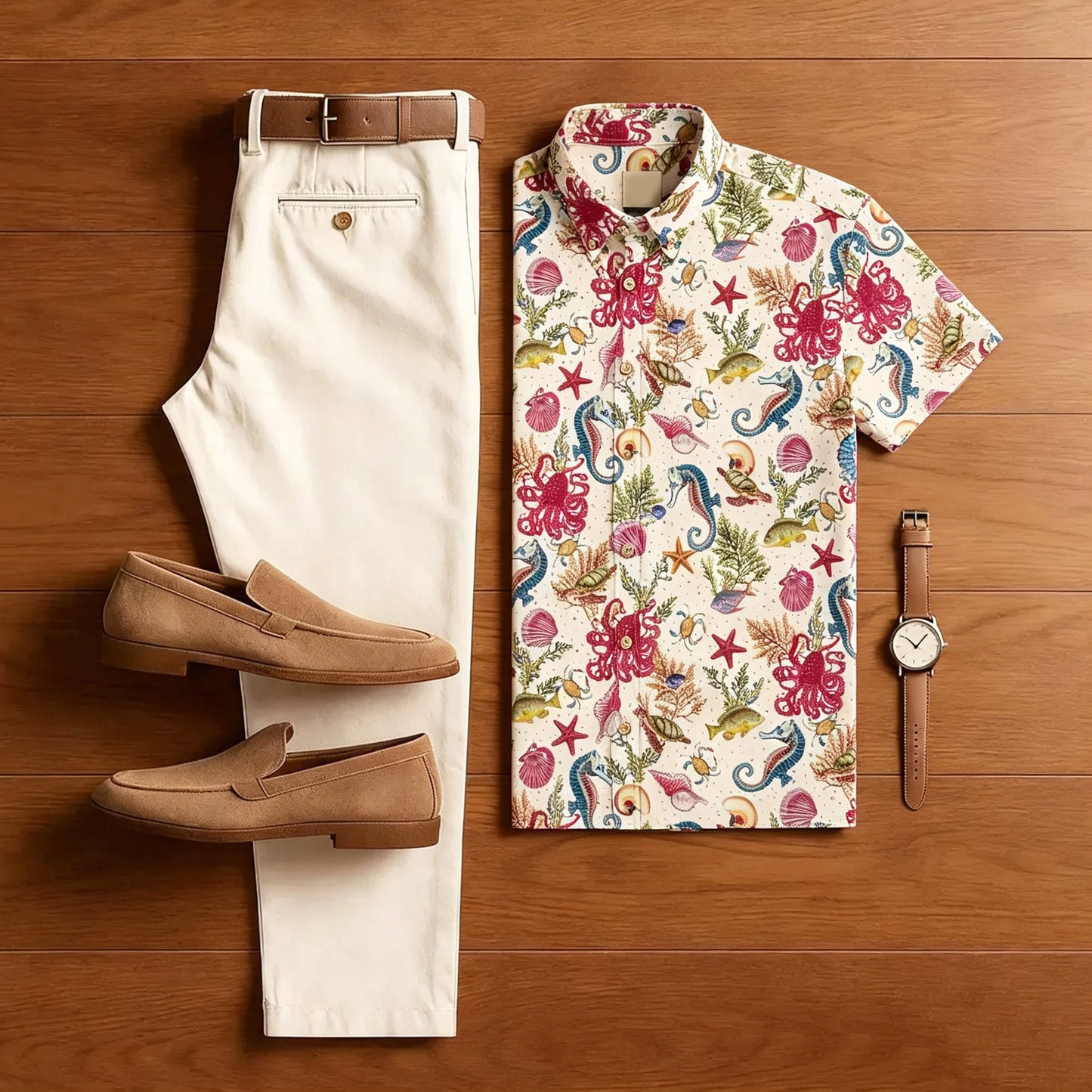 Men Vintage Marine Octopus Seahorse Print Shirt & Beige Pants Two Piece Set
