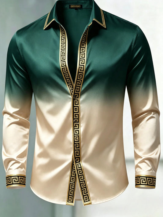 Men's Luxury Glossy Satin Long Sleeve Gradient Green Champagne Dress