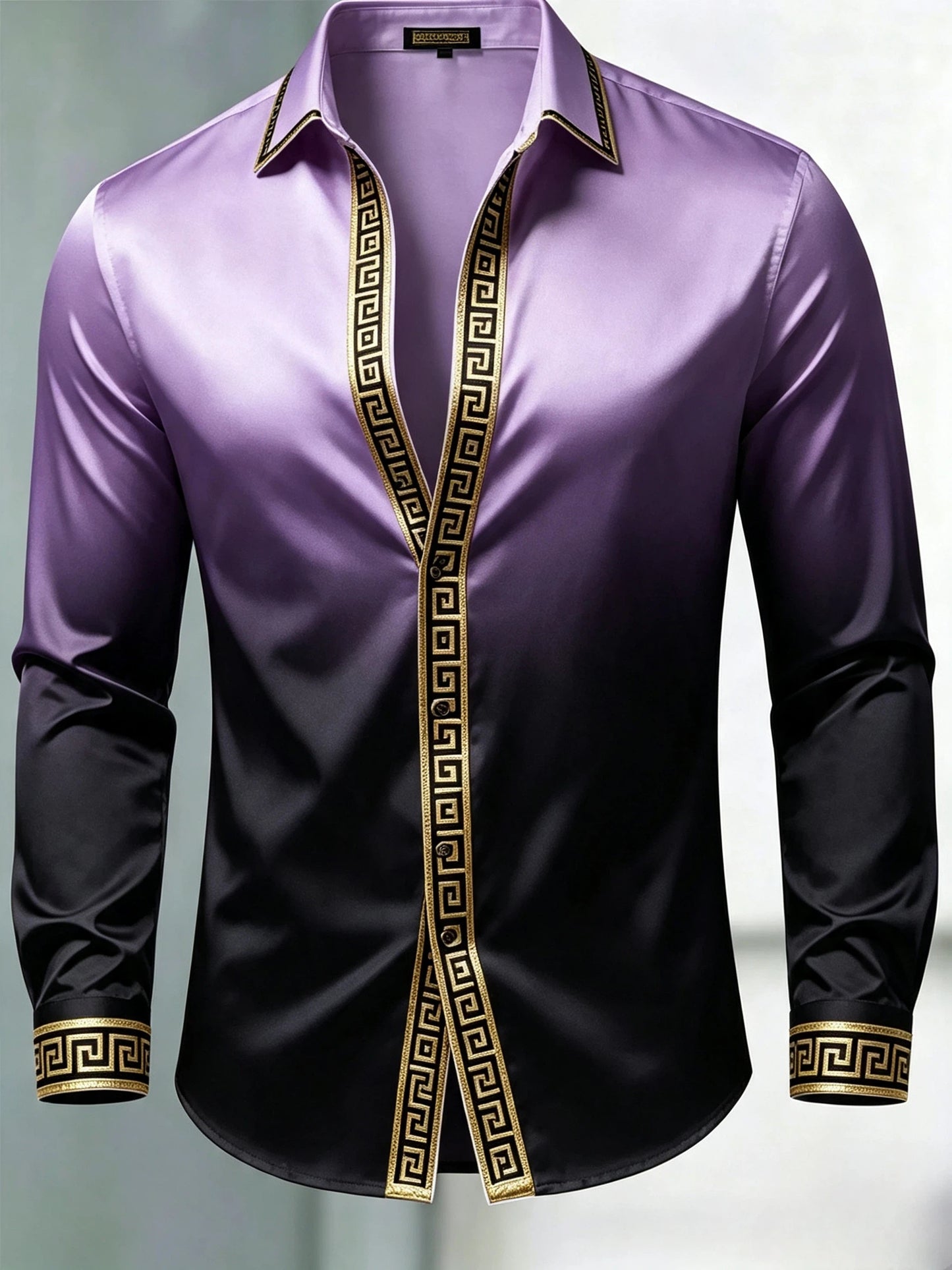 Men's Luxury Glossy Satin Long Sleeve Gradient Purple Black Dress Shirt