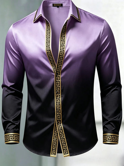 Men's Luxury Glossy Satin Long Sleeve Gradient Purple Black Dress Shirt
