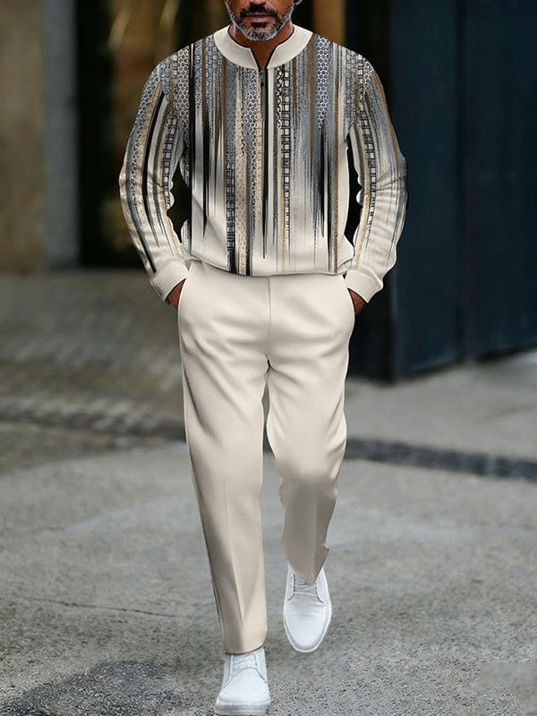 Men's fashion casual geometric print long sleeve zipper two-piece set