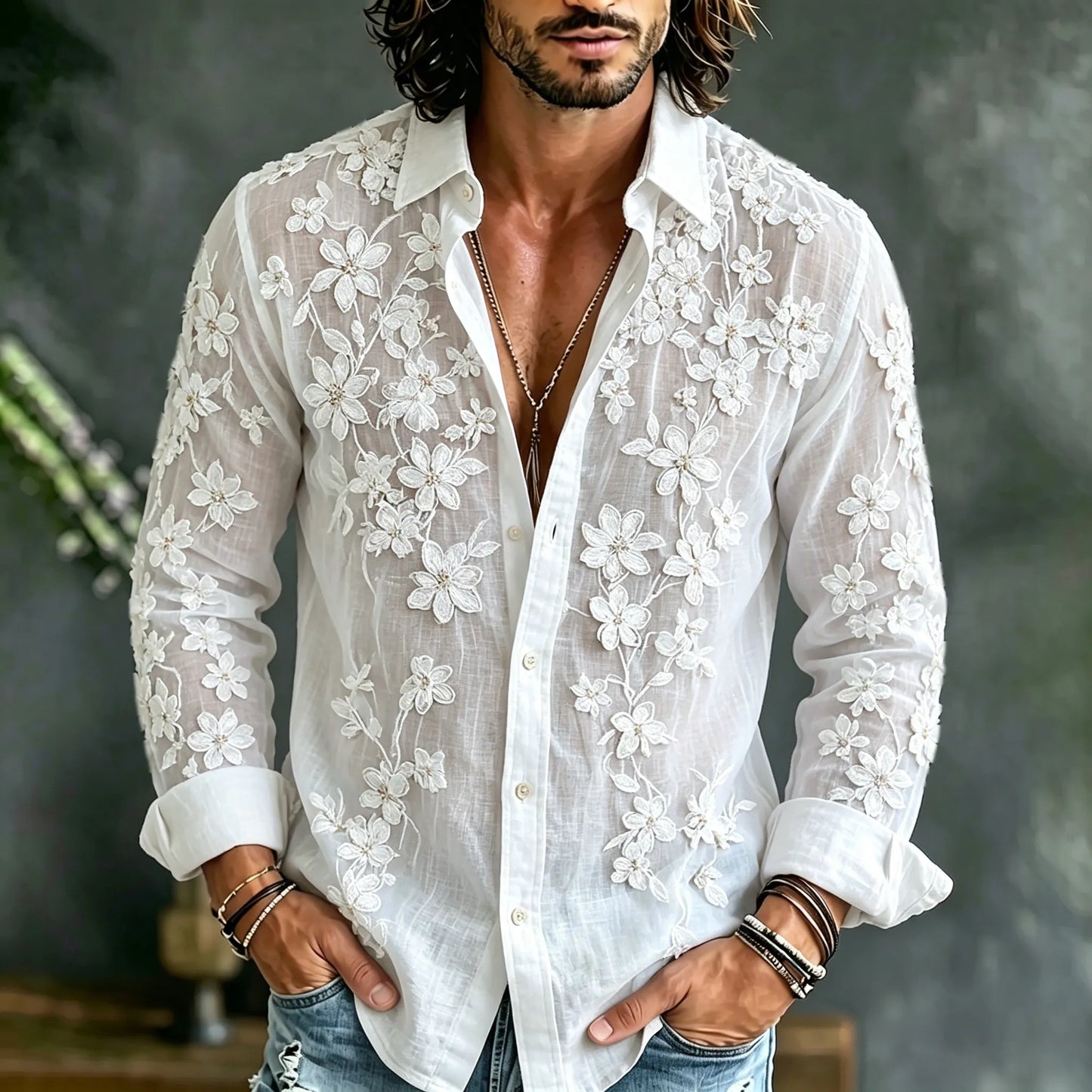 Men's Vintage Floral Embroidered Art Linen Blend Long Sleeve Shirt