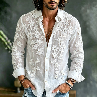 Men's Vintage Floral Embroidered Art Linen Blend Long Sleeve Shirt