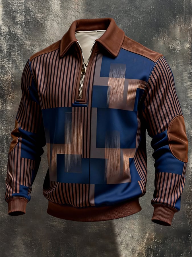 Men's Retro Color Block Print Color-Blocked Zip-Up Sweatshirt