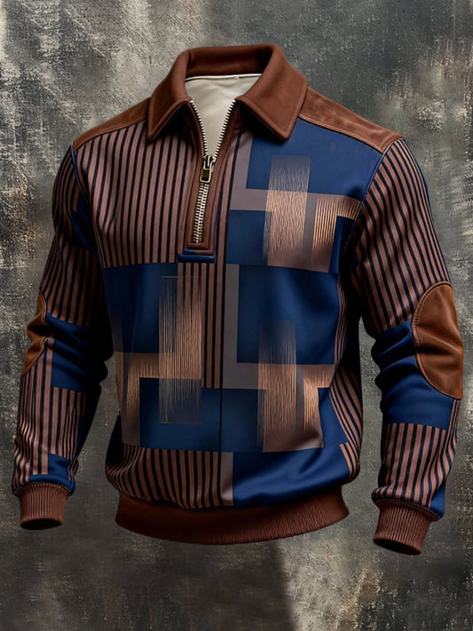 Men's Retro Color Block Print Color-Blocked Zip-Up Sweatshirt