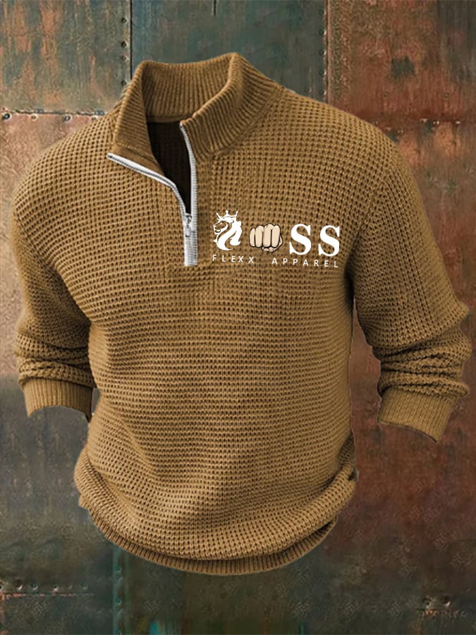 Men's Retro Letter Design Printed Zipper Collar Jacquard Knitted Sweatshirt