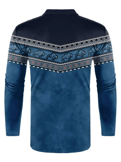 Men's Retro Business Stripe Print Long Sleeve POLO Shirt
