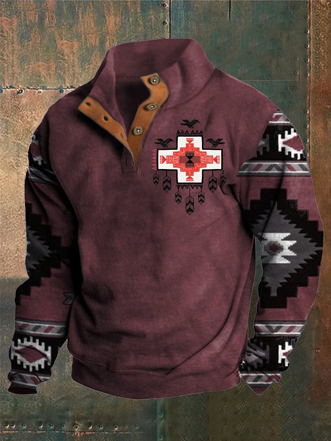 Men's Western Style Printed Stand Collar Button Sweatshirt