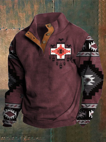 Men's Western Style Printed Stand Collar Button Sweatshirt