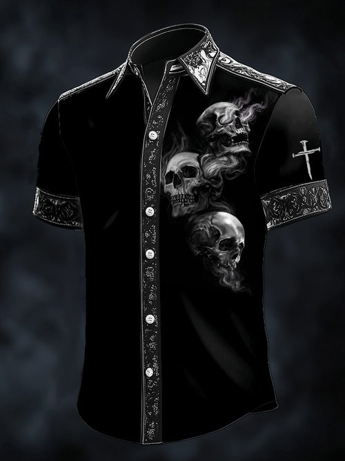 Men's Dark Skull Print Satin Short Sleeve Shirt