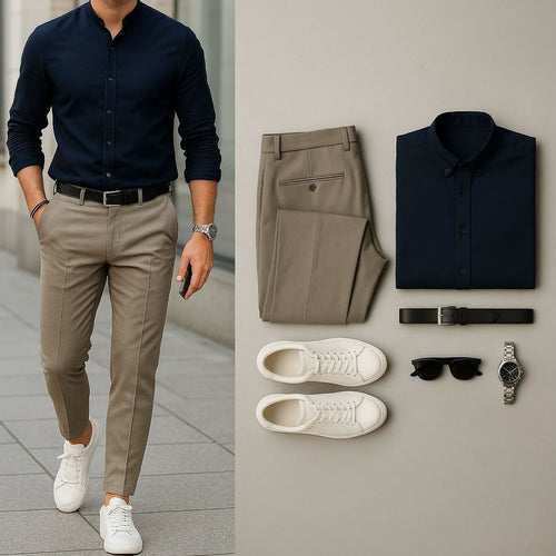 Men's Business Casual Pure Black Shirt And Trousers Two-Piece Set