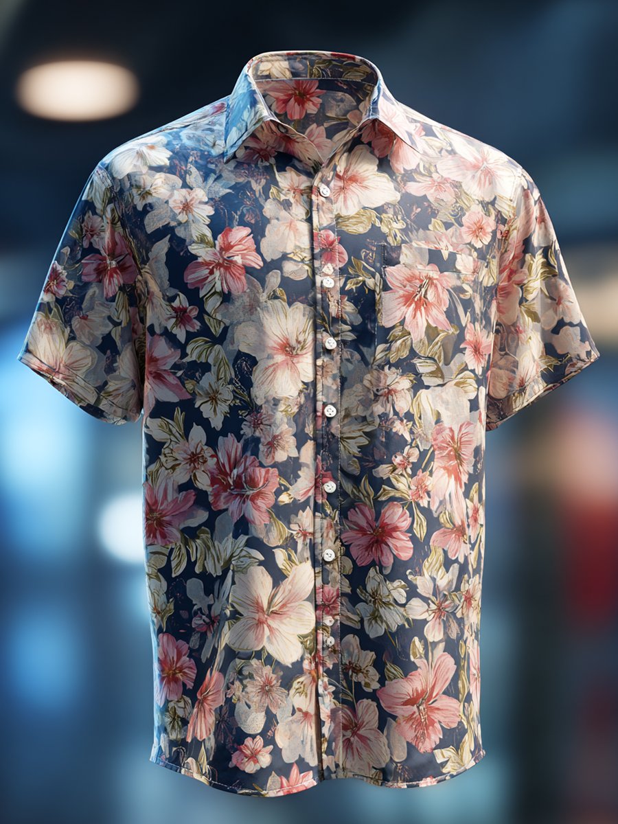 Men's Business Casual Floral Lapel Short Sleeve Shirt