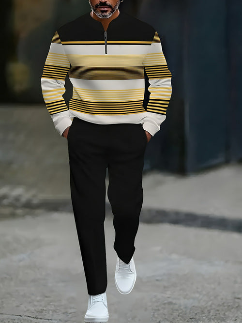 Men's Casual Black & Yellow Color Matching Striped Printed Round-Neck Zipper Long Sleeved Trousers Two-Piece Set
