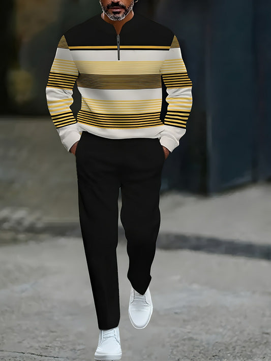 Men's Casual Black & Yellow Color Matching Striped Printed Round-Neck Zipper Long Sleeved Trousers Two-Piece Set