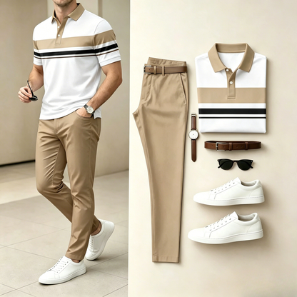 Men's Casual Geometry Printed Polo Shirt And Pants Two-Piece Set