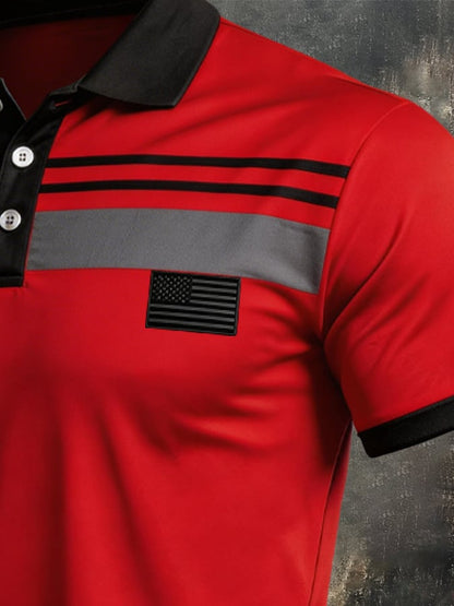 Men's Retro Patriot Color Block Polo Collar Short Sleeve
