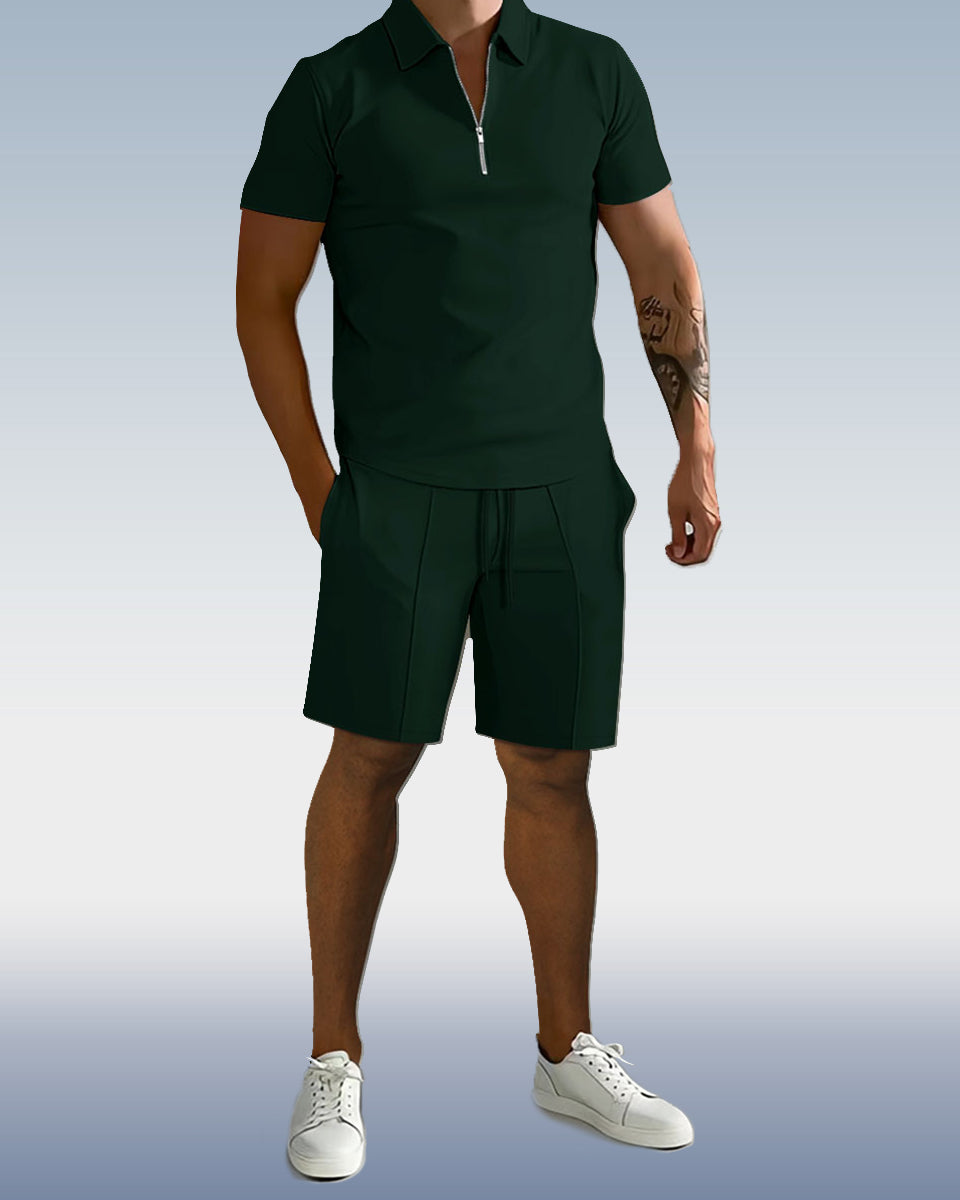 Suitmens Men'sPlain Zipper POLO Short Sleeve Set 0095