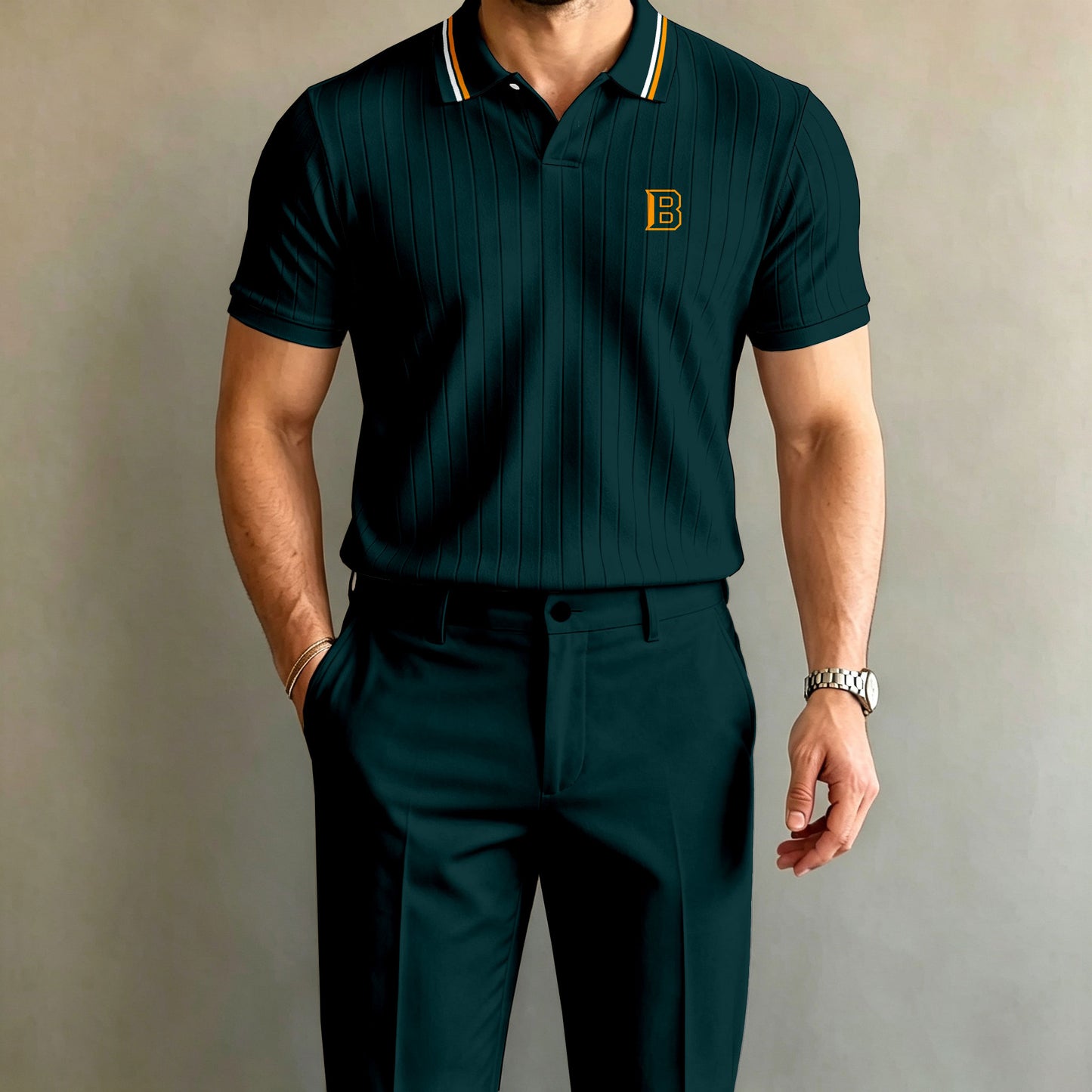 Men's Dark Green Short-Sleeve Polo Shirt and Pants Set