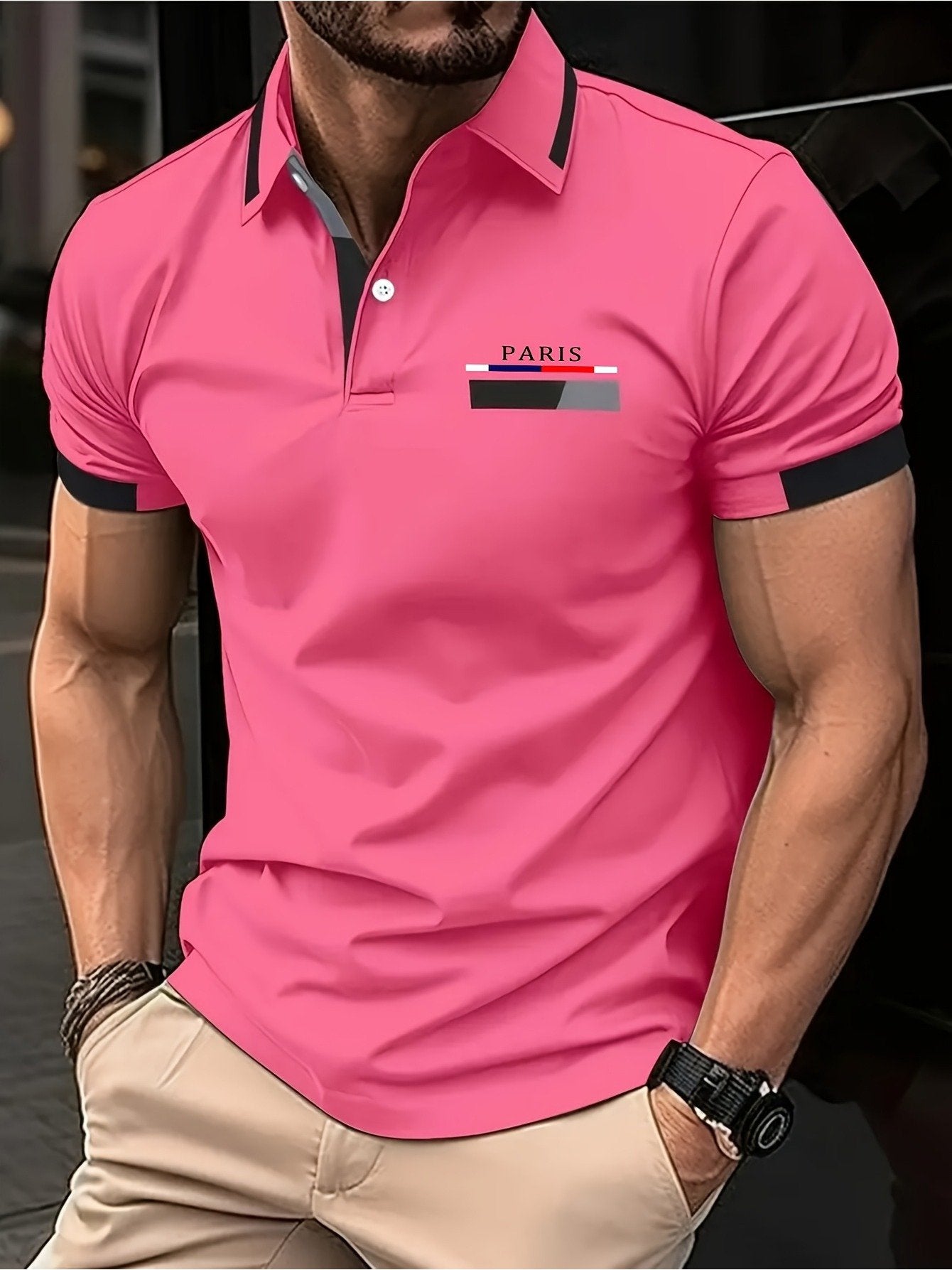 Men's Business Casual Striped Button Short Sleeve Polo Shirt
