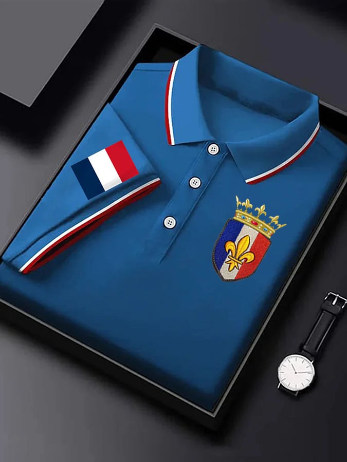 Men's Short-Sleeved French Badge Printed Button-down POLO Shirt