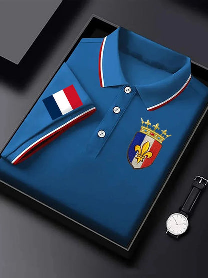 Men's Short-Sleeved French Badge Printed Button-down POLO Shirt