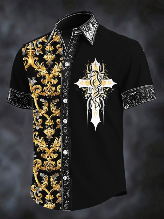 Men's Retro Dark Cross Print Short Sleeve Shirt