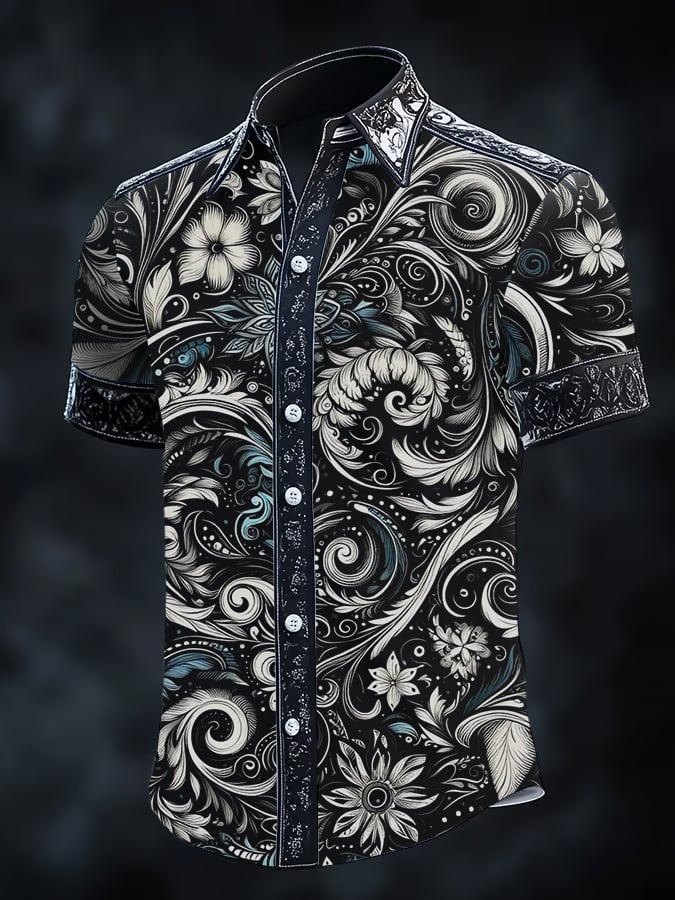 Men's Vintage Dark Baroque Print Short Sleeve Shirt