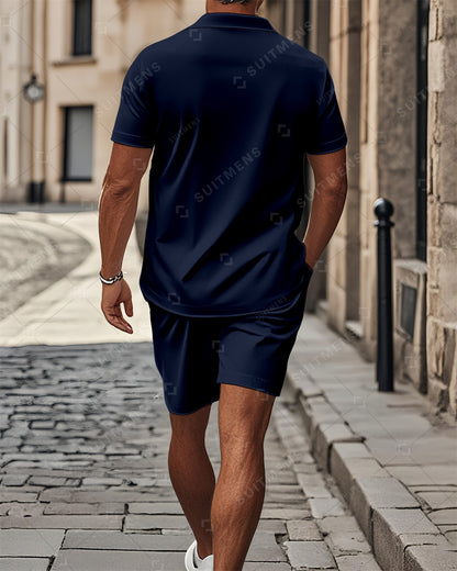 Men's Color Blocked Summer Polo Shorts Set 016