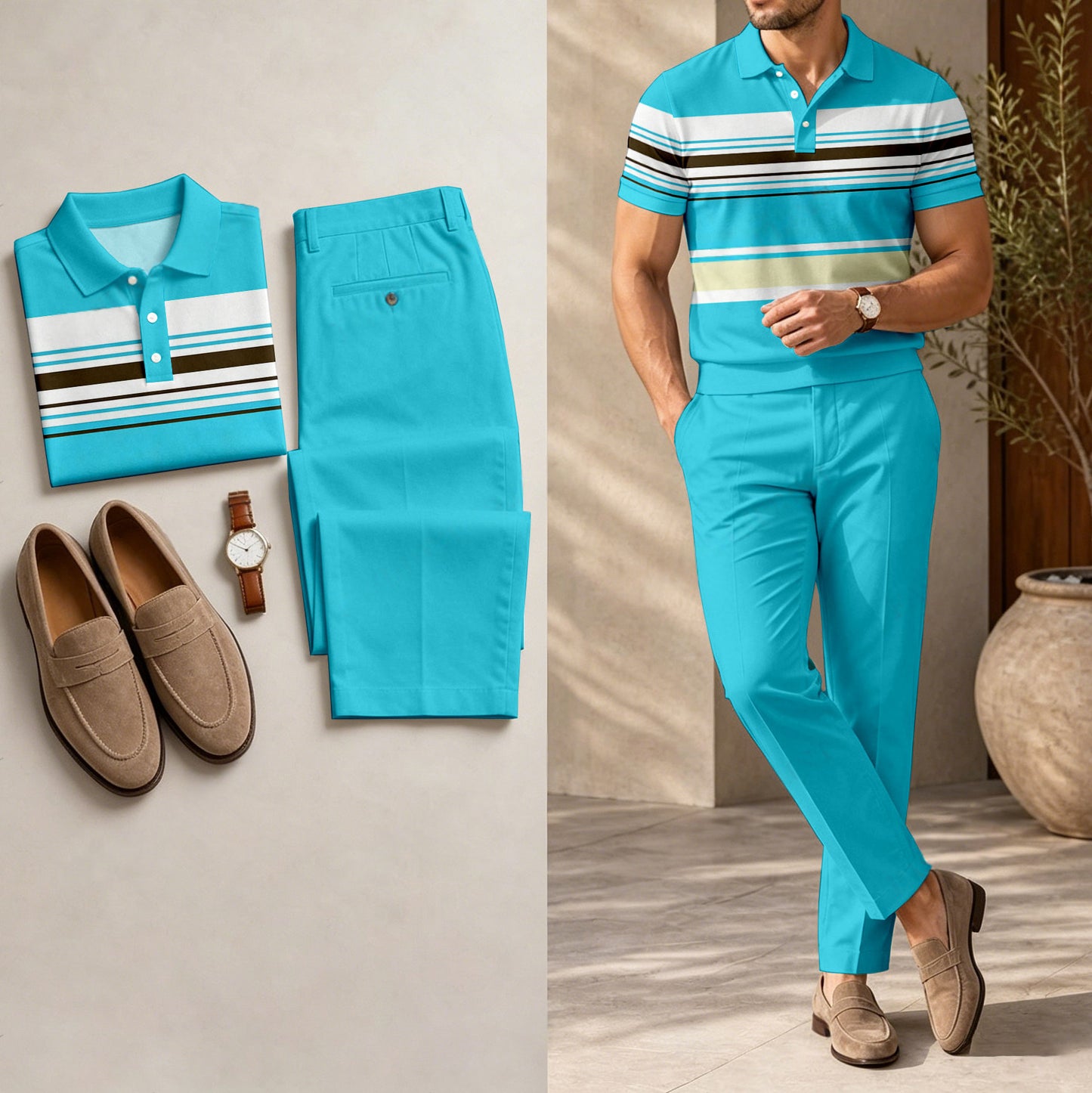 Men's Casual Royal Blue Geometric Printed Polo Shirt And Pants Two-Piece Set