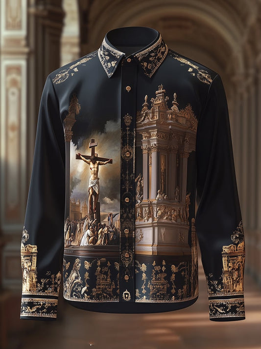 Men's Satin Luxe Descent From The Cross Long Sleeve Button Down Shirt