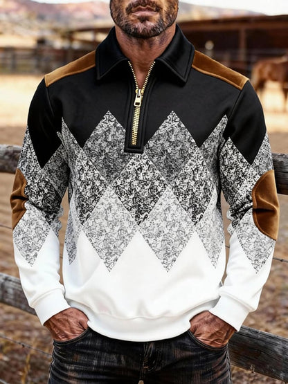 Men's Retro Color Block Print Zipper Sweatshirt