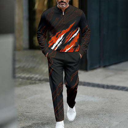 Men's Casual Color Matching Printed Round-Neck Zipper Long Sleeved Trousers Two-Piece Set