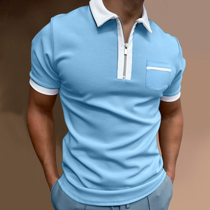 Color-Block Geometric Print Lapel Zipper Pullover Casual Polo Shirt