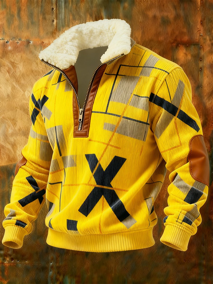 Men's Retro Geometric Quarter Zip Fleece Neck Sweatshirt