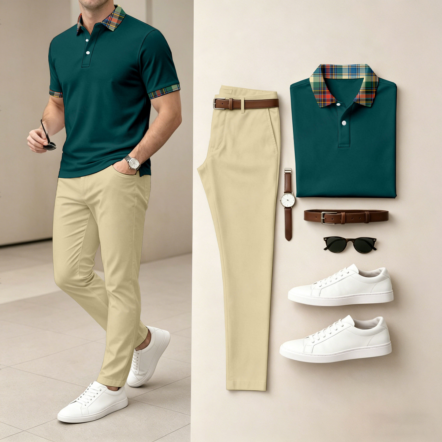 Men's Casual Pure Green Printed Polo Shirt And Pants Two-Piece Set