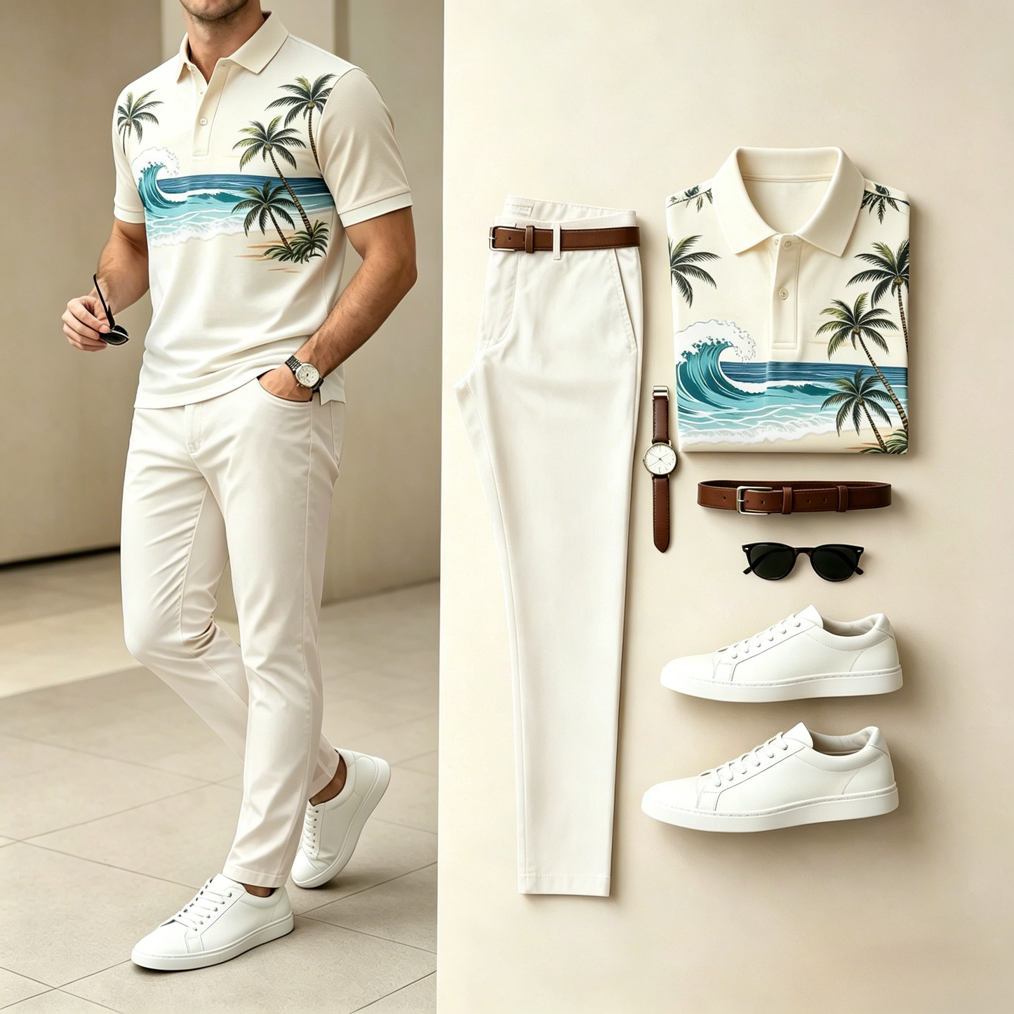 Men's Casual Cream Ocean Wave Palm Print Polo Shirt & Long Pants Two-Piece Set