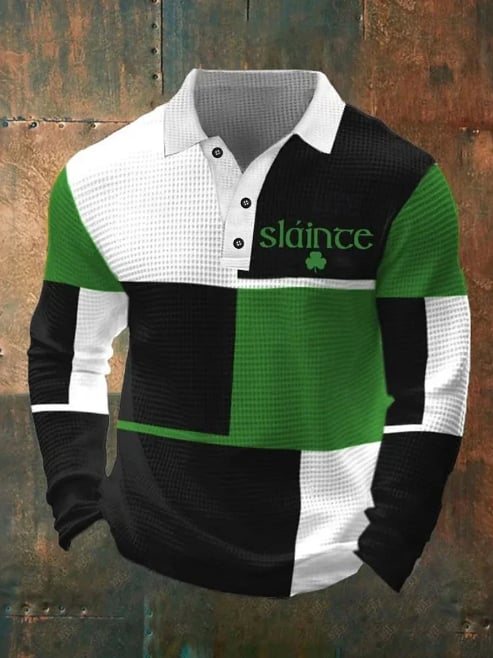 St. Patrick Men's Color Block Shamrock Waffle Polo Shirts